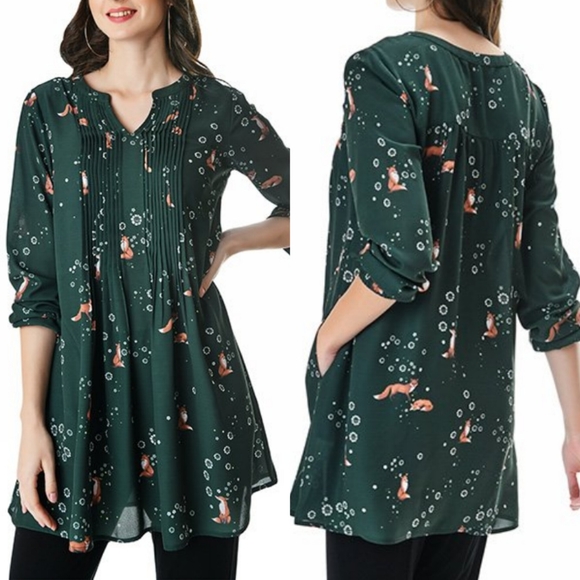 eshakti Tops - eshakti Wayward Fancies Pintuck Pleat Fox Floral Print Green Crepe Tunic Sz M 10